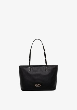 Bolso tote de cuero negro con correas tachonadas en dorado y el logo "LIU JO MILANO" en letras doradas en la parte frontal.