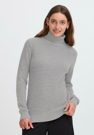 Grau gestrickter Rollkragenpullover mit langen Ärmeln und gerippten Bündchen. Weiches Material mit lockerer Passform und seitlichen Schlitzen am Saum.