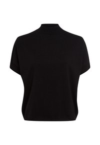 Black short-sleeve top with a mock neck, made from soft fabric. Features a relaxed fit with a smooth texture and no notable patterns or embellishments.