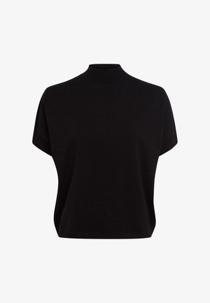 Black short-sleeve top with a mock neck, made from soft fabric. Features a relaxed fit with a smooth texture and no notable patterns or embellishments.
