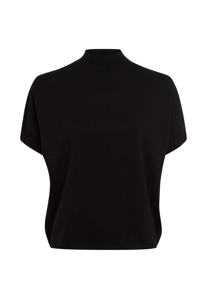 Black short-sleeve top with a mock neck, made from soft fabric. Features a relaxed fit with a smooth texture and no notable patterns or embellishments.