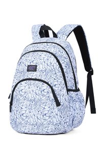 Zaino blu e bianco con motivo, dotato di diverse tasche con cerniera, spallacci imbottiti e una finitura in tessuto resistente. Presenta dettagli neri.