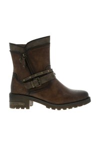 Bottines en cuir marron avec fermeture éclair sur le côté, sangle décorative avec des rivets en métal, talon épais, finition texturée et semelle en caoutchouc robuste.