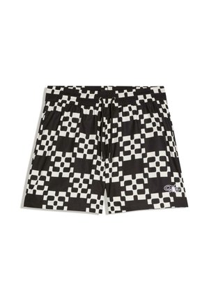 Čierno-biele šortky s elastickým pásom a šnúrkou, s geometrickým kockovaným vzorom a malým logom v pravom dolnom rohu.