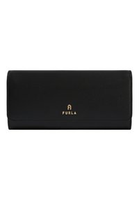 Cartera de cuero negra con un acabado texturizado, con un logo dorado "FURLA" en la parte frontal. Diseñada en una forma rectangular elegante con cierre magnético.