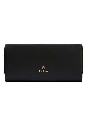 Black leather wallet with a textured finish, featuring a gold logo "FURLA" on the front. Designed in a sleek, rectangular shape with a magnetic closure.