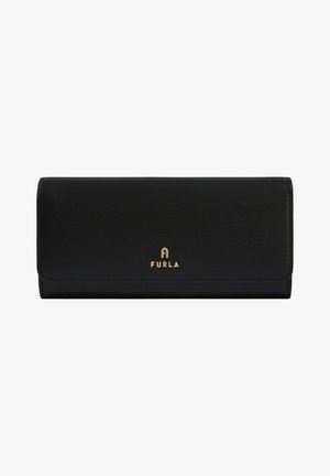 Schwarzes Lederportemonnaie mit strukturiertem Finish, mit einem goldenen Logo "FURLA" auf der Vorderseite. Entworfen in einer schlanken, rechteckigen Form mit einem magnetischen Verschluss.