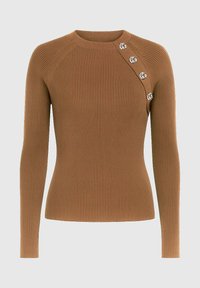 Pull en tricot côtelé marron avec manches longues, encolure ronde, et boutons décoratifs sur l'épaule gauche. Texture lisse et élastique.