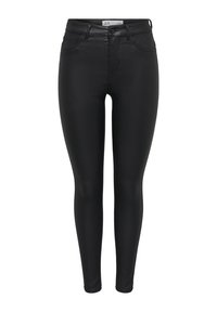 Svarta smala jeans i stretchtåligt material med en slät yta, med klassisk femficksdesign och en knappstängning framtill.