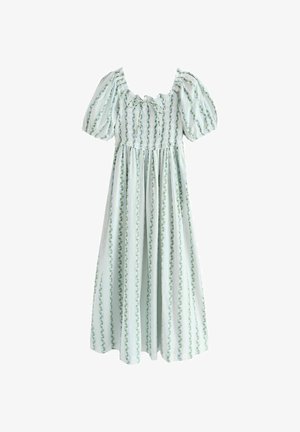 Helevalge sinine midi-kleit, millel on pahkluu pikkused varrukad, soonikuga keskmine osa ja vertikaalsed rohelised lilletriibud.