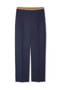 Pantalons taille haute bleu marine avec deux plis à l'avant, poches latérales et une ceinture en élastique tan contrastante. Texture de tissu lisse.