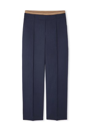 Pantalons taille haute bleu marine avec deux plis à l'avant, poches latérales et une ceinture en élastique tan contrastante. Texture de tissu lisse.