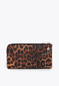 Leopard print zippered wallet featuring a faux fur texture, brown and black colors, and gold-tone hardware accents.