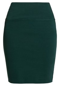 Donkergroene getailleerde rok van soft stof. Bevat een soepele tailleband en heeft een kokerrok-silhouet met een snit tot halverwege de dij.