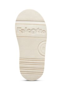 Soletta di scarpa beige chiaro con texture a coste, caratterizzata dal marchio impresso "Falcotto" e un dettaglio di design circolare.