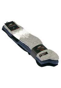 Calze termiche in confezione da quattro; include grigio con motivo a fiocchi di neve bianchi, blu scuro e nere. Morbido al tatto, lunghezza fino al polpaccio.