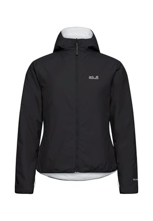 Veste de plein air noire à capuche avec fermeture éclair à l'avant, logo Jack Wolfskin sur la poitrine et inscription TEXASHIELD sur le poignet de la manche.