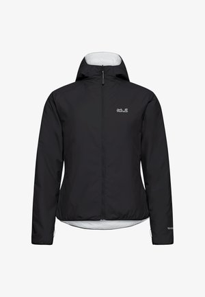 Giacca outdoor nera con cappuccio e zip frontale, logo Jack Wolfskin sul petto e marchio TEXASHIELD sul polsino della manica.