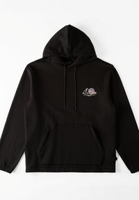 Schwarzer Kapuzenpullover mit Kängurutasche, Kordelzugkapuze und einem bedruckten Design von Bergen und einem Kreis auf der Brust.