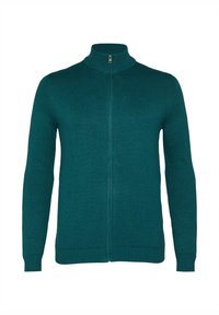 Teal Zip-Up-Strickjacke mit hohem Kragen. Verfügt über gerippte Textur, lange Ärmel und eine taillierte Silhouette. Glattes Gewebe ohne Muster.