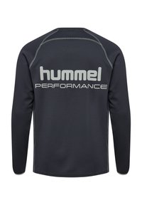 Schwarzes, langärmeliges, sportliches Herren-shirt aus strukturiertem Stoff, mit reflektierendem "hummel PERFORMANCE"-Logo auf dem Rücken und kontrastierenden Nähten.