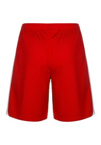 Rote Sportshorts mit elastischem Bund und grauen Seiteneinsätzen. Hergestellt aus leichtem Stoff, mit genähten Säumen und einem schlichten Design.