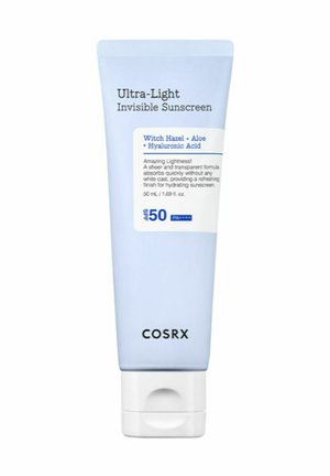 Tube of COSRX Ultra-Light Invisible Sunscreen SPF 50 with Witch Hazel, Aloe, and Hyaluronic Acid, 50 ml, light blue packaging with white cap.