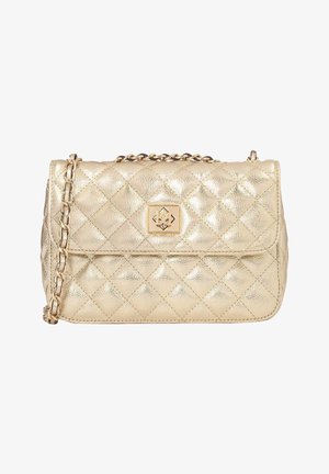 Aukso kvadratuotas odinis peties krepšys su grandinėlės dirželiu ir išskirtinėm geometriškom užsegimo detalėm. Pasižymi lygiu paviršiumi ir elegantišku dizainu.