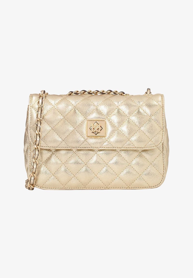 Aukso kvadratuotas odinis peties krepšys su grandinėlės dirželiu ir išskirtinėm geometriškom užsegimo detalėm. Pasižymi lygiu paviršiumi ir elegantišku dizainu.