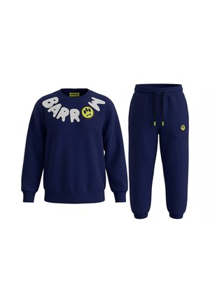 Sudadera azul marino y pantalón de chándal a juego, con extremos de los cordones de color lima y logotipos de caritas sonrientes, mostrados por separado sobre un fondo blanco.