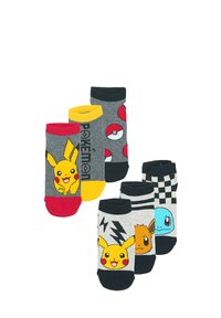 Juego de seis pares de calcetines infantiles con patrones en gris, negro y coloridos, que incluyen diseños de Pikachu, Pokéballs y Eevee. Mezcla de algodón.