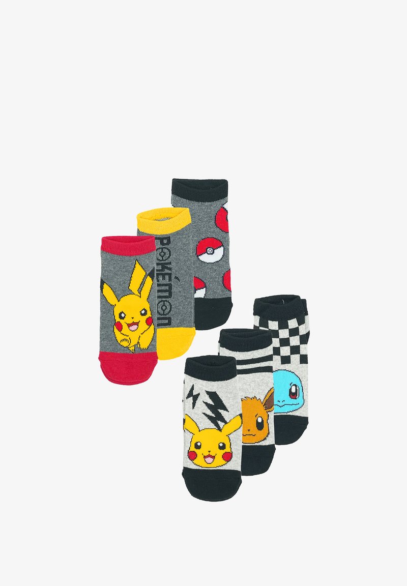Juego de seis pares de calcetines infantiles con patrones en gris, negro y coloridos, que incluyen diseños de Pikachu, Pokéballs y Eevee. Mezcla de algodón.