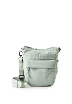 Lichtgroene crossbodytas met verstelbare riem, voorvak met ritssluiting en een geperst "a/u"-logo rechtsonder.