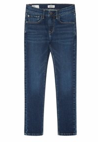 Hubené džíny v tmavě modrém denimovém provedení s klasickým designem pěti kapes, jemně vybledlými oblasti a kontrastním žlutým prošíváním.