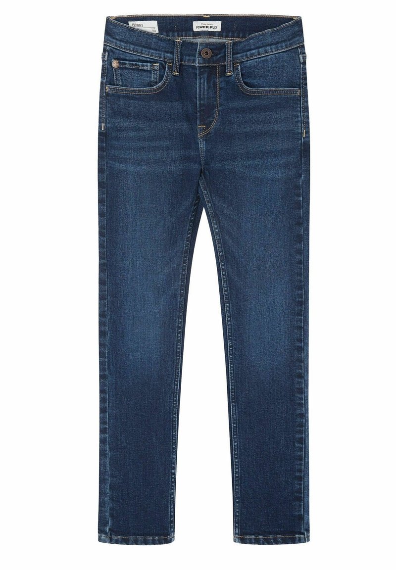 Hubené džíny v tmavě modrém denimovém provedení s klasickým designem pěti kapes, jemně vybledlými oblasti a kontrastním žlutým prošíváním.