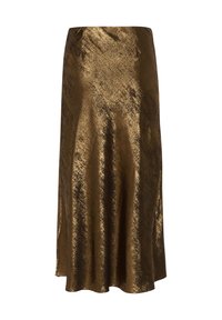 Gonna midi in satin bronzo con una texture liscia, leggero luccichio e spacco laterale per facilitare il movimento. Classica forma a trapezio.