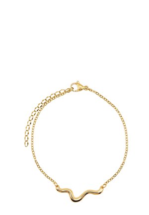 Zartes Goldkettchen-Armband mit glattem, wellenförmigem Mittelstück und verstellbarem Verschluss auf weißem Hintergrund.