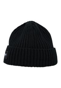 Zwarte gebreide beanie met ribbeltextuur, opvouwbare manchet en een klein merkteken aan de zijkant. Ontworpen voor warmte en comfort.