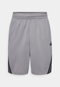 Calções atléticos cinzentos com cintura elástica, logótipo preto da Adidas na perna direita e riscas pretas nas laterais inferiores.