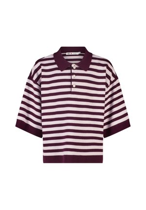 Poloshirt met korte mouwen met brede horizontale paarse en lichtroze strepen, drie witte knopen en een effen paarse kraag en manchetten.