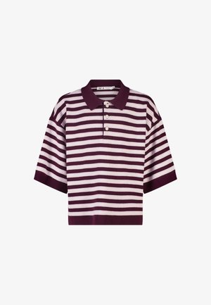 Poloshirt met korte mouwen met brede horizontale paarse en lichtroze strepen, drie witte knopen en een effen paarse kraag en manchetten.