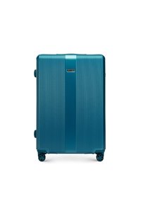 Tvrdý kufr v tyrkysové barvě, s vertikálním rýhováním, dvojitými koly a logem výrazně umístěným vpředu.