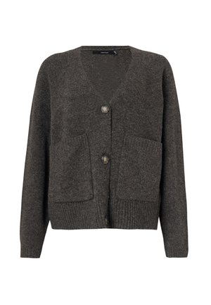 Tmavě šedý cardigan na knoflíky s dvěma předními kapsami, žebrovanými manžetami a lemem a výstřihem do V.