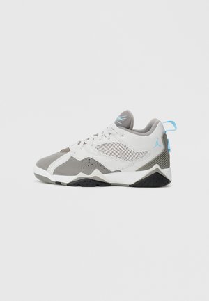 Gray and white athletic shoe with mesh panels, textured upper, and a blue accent. Features a cushioned sole and distinct tread pattern.