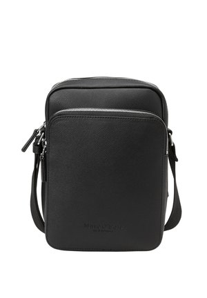 Schwarze Leder-Umhängetasche mit zwei Reißverschlussfächern und verstellbarem Riemen, strukturierter Oberfläche und dezentem Branding auf der Vorderseite.