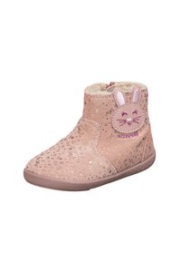 Botín de ante rosa con patrones de puntos dorados, un diseño de cara de conejo con acentos bordados y forro suave. Suela de goma para mayor tracción.