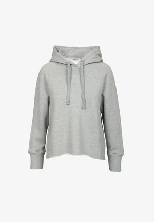 Felpa grigia chiara realizzata in tessuto morbido. Presenta un cappuccio con cordino, polsini a coste e un orlo leggermente cropped. Design semplice, senza fantasie.