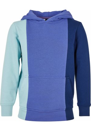 Hettegenser i et lappeteppe-design med nyanser av blått og lyseblått. Laget av myk stoff med frontlomme og ribbestrikkede mansjetter.