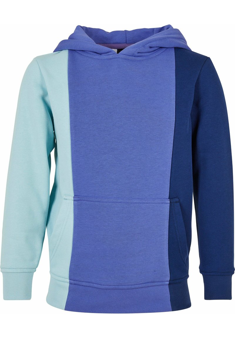 Hoodie s patchwork dizajnom u nijansama plave i svijetloplave boje. Izrađena od mekane tkanine s prednjim džepom i rebrastim manžetama.