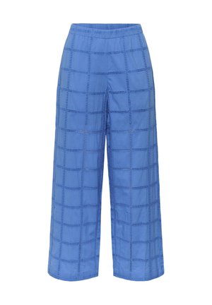 Pantaloni albaștri cu croială largă, talie elastică și un model în carouri cu detalii din dantelă perforată pe toată suprafața.